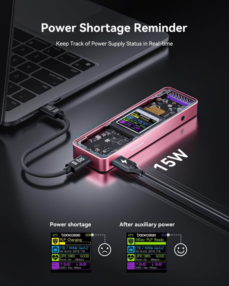 DOCKCASE Explorer Edition M.2 NVMe SSD Enclosure,Support 10s PLP Prevents Write Data Loss,USB 3.2 Gen 2 Type-C (10 Gbps), fits NVMe PCIe,Size 2230/2242/2260/2280,Support M-Key B+M Key UASP - Image 4